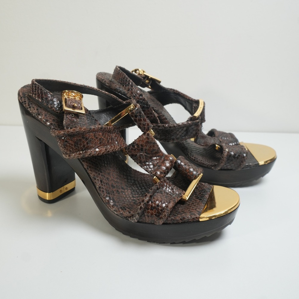Tory Burch Karmen Platform Sandals 7M Brown Snakeskin Wood‎ Block Heel Gold